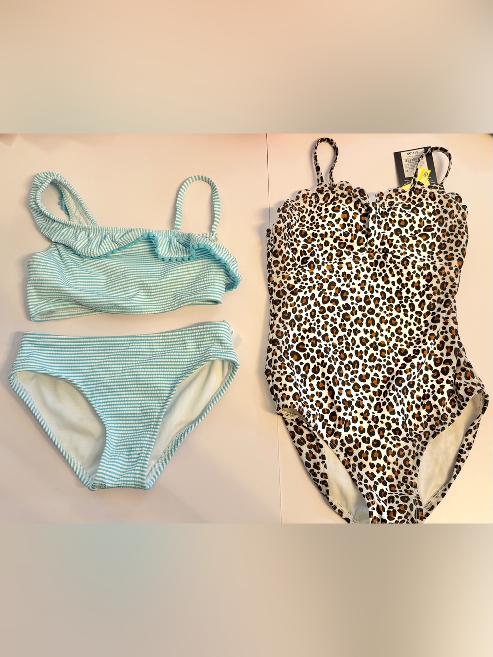 Cat & Jack Girls' Mint Stripe Bikini and Art class Leopard One-Piece Swim Set